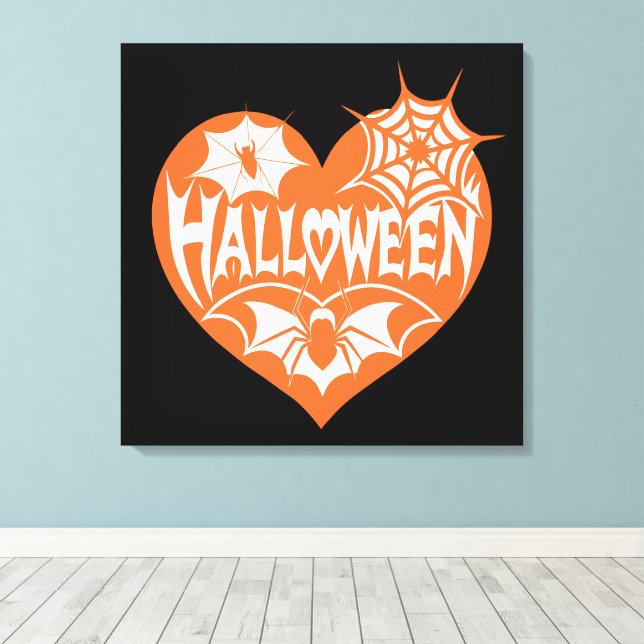 Halloween Heart, Orange Heart Shape, Spider Web Leinwanddruck (Insitu (Holzboden))