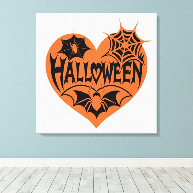 Halloween Heart, Orange Heart Shape, Spider Web Leinwanddruck (Insitu (Holzboden))