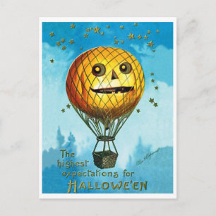 Halloween-Heißluftballon über dem Himmel, Vintage Postkarte