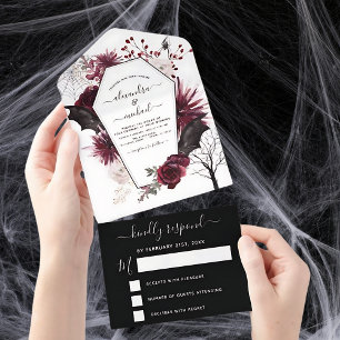 Halloween Herbst Dunkler Burgund Schwarz All In One Einladung