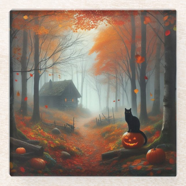 Halloween/Herbst/Herbst/Kürbis/Katze Glasuntersetzer (Vorderseite)