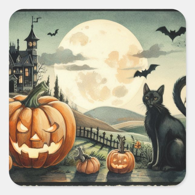 Halloween/Herbst/Herbst/Kürbis/Katze Quadratischer Aufkleber (Vorderseite)