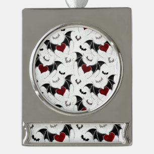 Halloween-Herz mit schwarzen Fledermausflügeln Banner-Ornament Silber