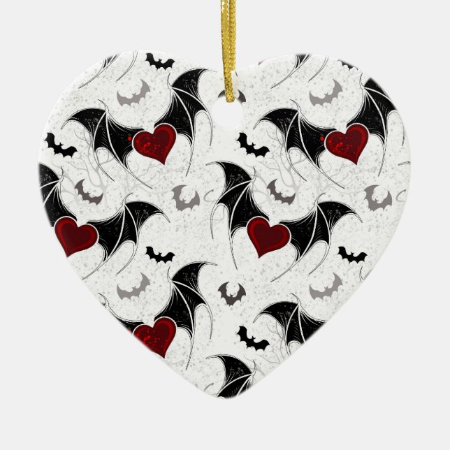 Halloween-Herz mit schwarzen Fledermausflügeln Keramik Ornament (Vorne)