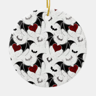Halloween-Herz mit schwarzen Fledermausflügeln Keramik Ornament