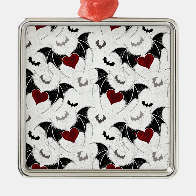 Halloween-Herz mit schwarzen Fledermausflügeln Ornament Aus Metall (Vorne)