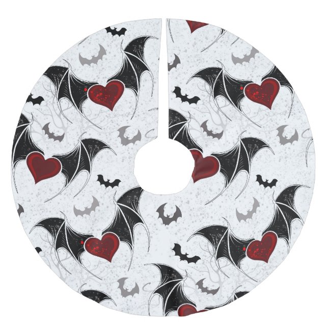 Halloween-Herz mit schwarzen Fledermausflügeln Polyester Weihnachtsbaumdecke (Vorderseite)