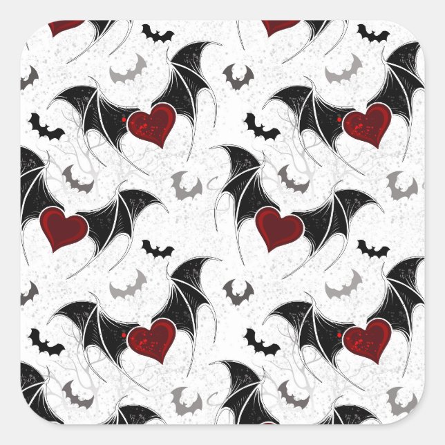 Halloween-Herz mit schwarzen Fledermausflügeln Quadratischer Aufkleber (Vorderseite)