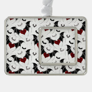 Halloween-Herz mit schwarzen Fledermausflügeln Rahmen-Ornament Silber