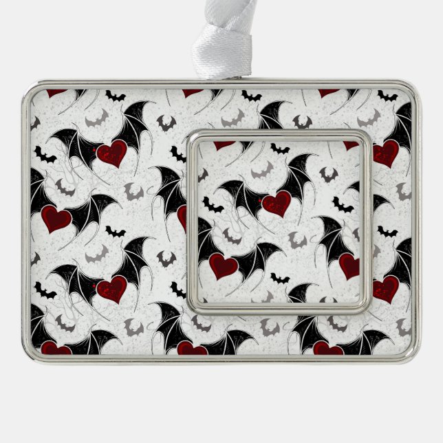 Halloween-Herz mit schwarzen Fledermausflügeln Rahmen-Ornament Silber (Vorderseite)