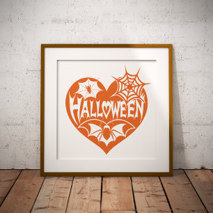 Halloween-Herz, orange Herzform, Spinnennetz Fotodruck