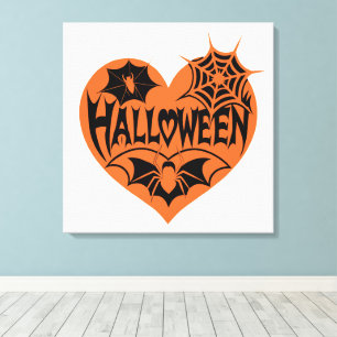 Halloween-Herz, orange Herzform, Spinnennetz Leinwanddruck