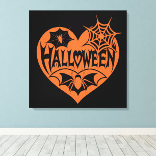 Halloween-Herz, orange Herzform, Spinnennetz Leinwanddruck