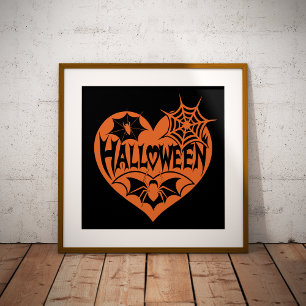 Halloween Herz, Orangefarbene Herzform, Spinnennet Foliendrucke