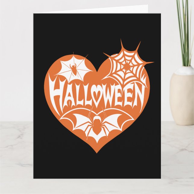 Halloween Herz, Orangefarbene Herzform, Spinnennet Karte (Vorderseite)