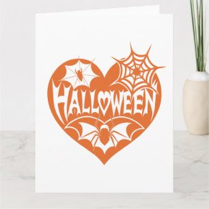 Halloween Herz, Orangefarbene Herzform, Spinnennet Karte