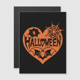 Halloween Herz, Orangefarbene Herzform, Spinnennet Magneteinladung