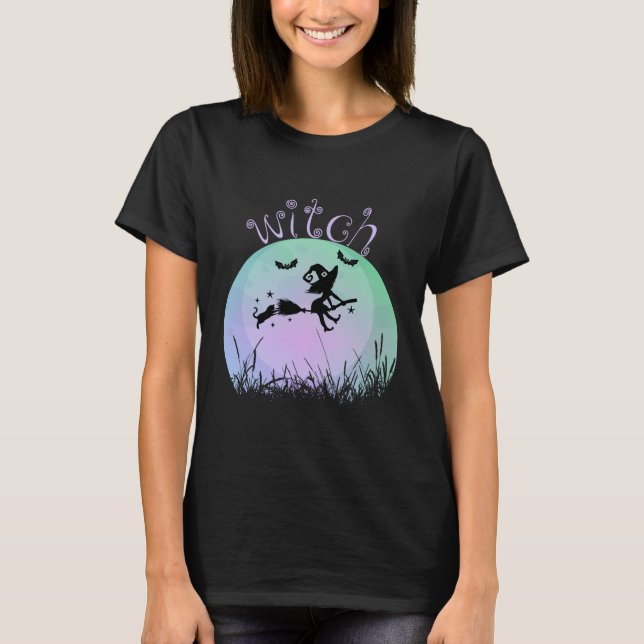 Halloween-Hexe auf Broomstick T-Shirt (Vorderseite)