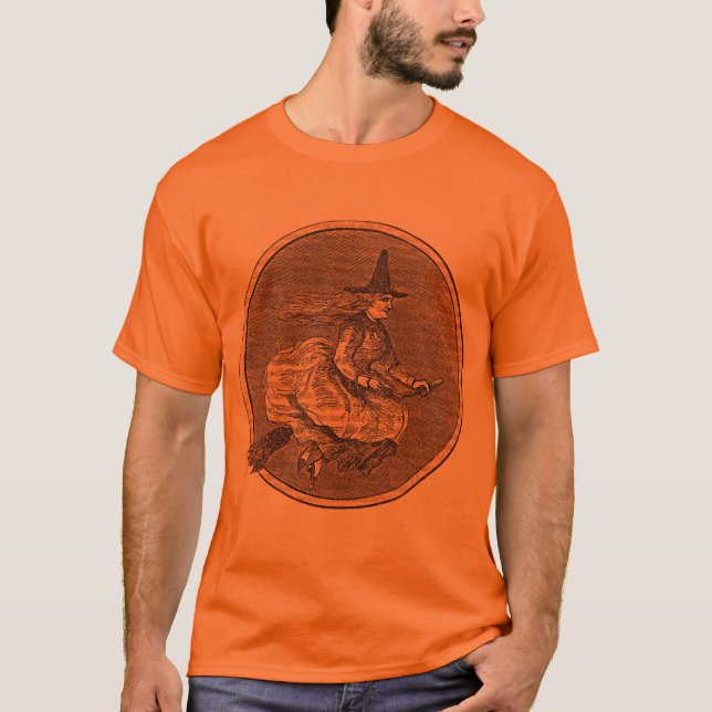 Halloween-Hexe auf einem Besen T-Shirt (Vorderseite)