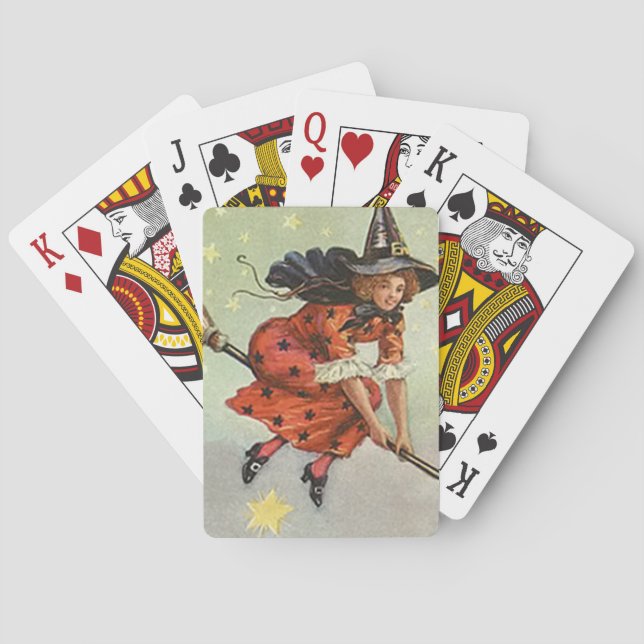 Halloween-Hexe auf einem fliegenden Besen Spielkarten (Rückseite)