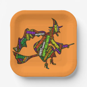 Halloween Hexe auf einer Broomstick-Orangentypogra Pappteller
