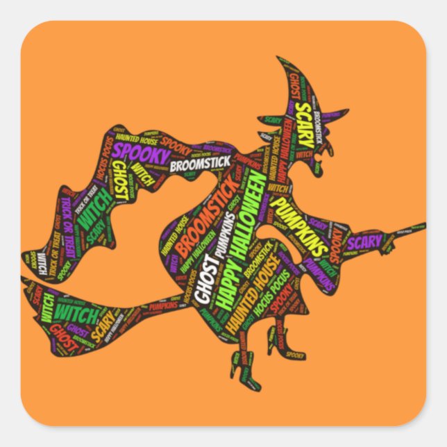 Halloween Hexe auf einer Broomstick-Orangentypogra Quadratischer Aufkleber (Vorderseite)
