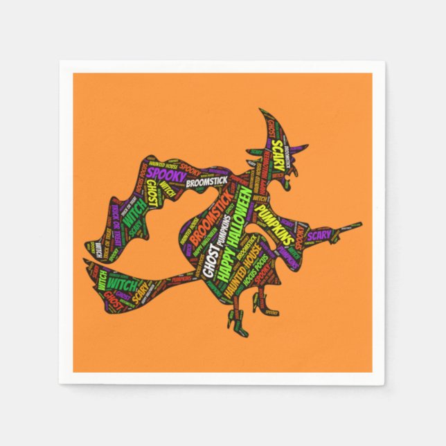 Halloween Hexe auf einer Broomstick-Orangentypogra Serviette (Vorderseite)
