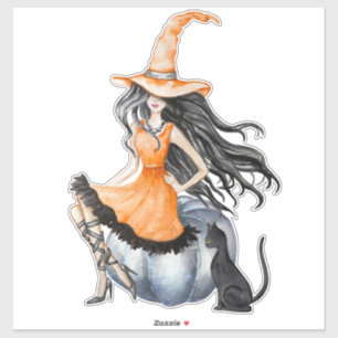 Halloween Hexe auf Kürbis mit schwarzer Katze Aufkleber