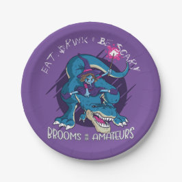 Halloween-Hexe auf T-Rex-Illustration Pappteller