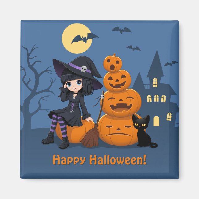Halloween Hexe, Black Cat und Kürbiskins Magnet (Vorne)