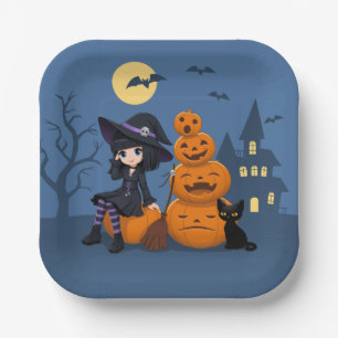 Halloween Hexe, Black Cat und Kürbiskins Pappteller
