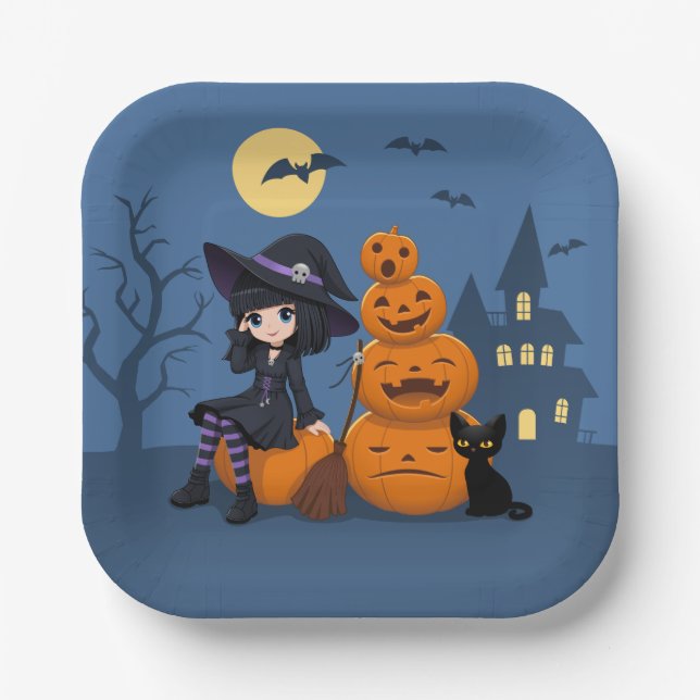 Halloween Hexe, Black Cat und Kürbiskins Pappteller (Vorderseite)