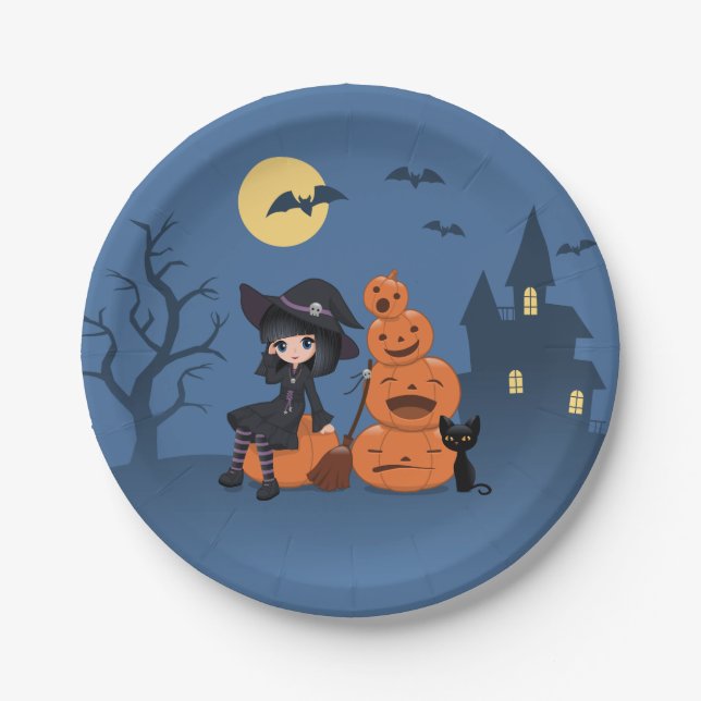 Halloween Hexe, Black Cat und Kürbiskins Pappteller (Vorderseite)