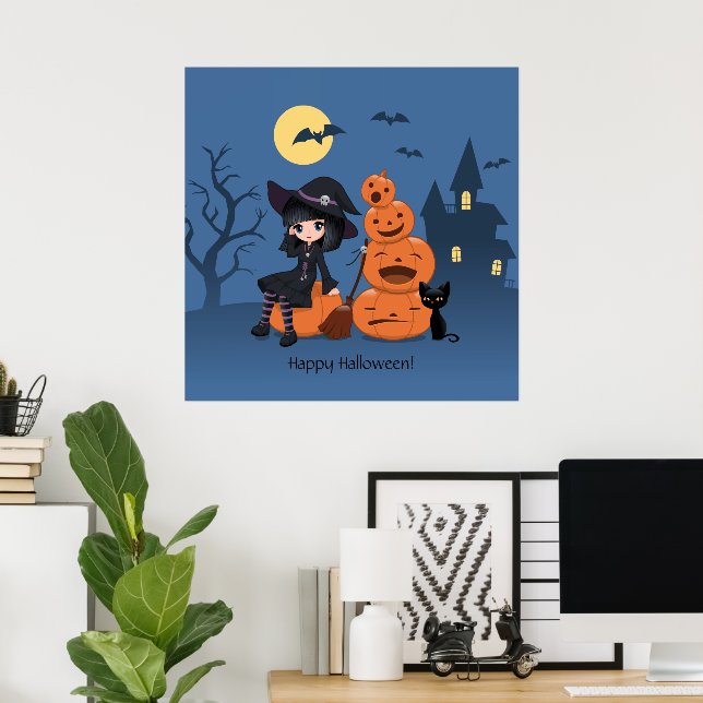 Halloween Hexe, Black Cat und Kürbiskins Poster (Heimbüro)