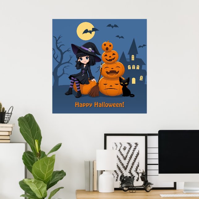 Halloween Hexe, Black Cat und Kürbiskins Poster (Heimbüro)