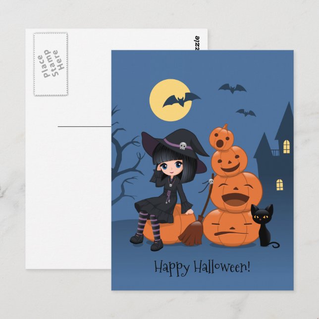 Halloween Hexe, Black Cat und Kürbiskins Postkarte (Vorne/Hinten)