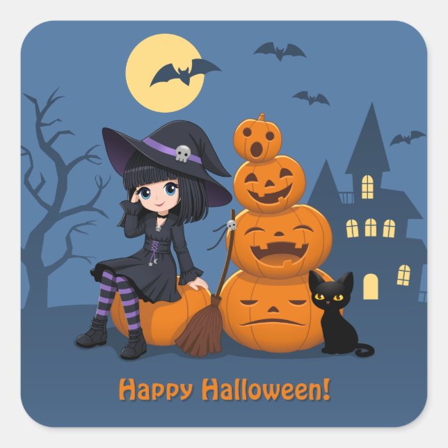 Halloween Hexe, Black Cat und Kürbiskins Quadratischer Aufkleber (Vorderseite)