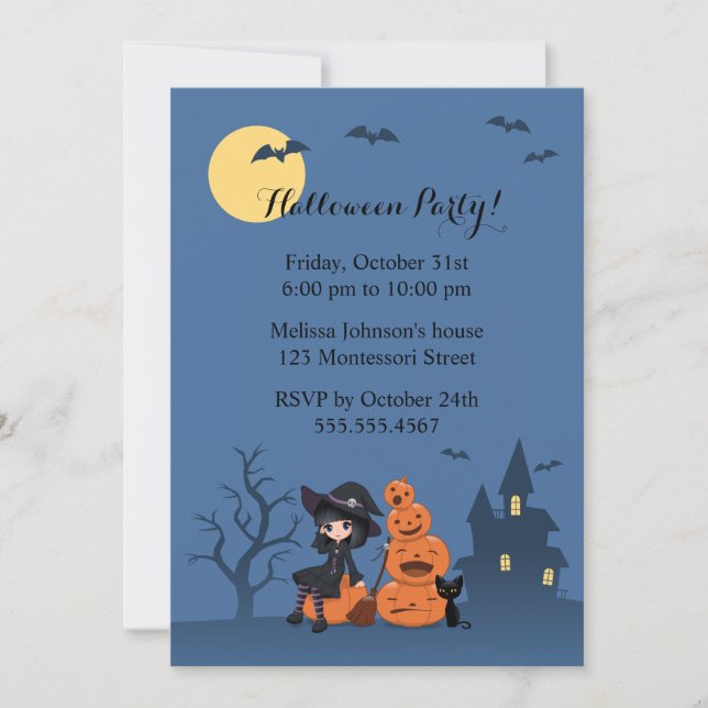 Halloween Hexe, Black Cat und Pumpkins Party Einladung (Vorderseite)