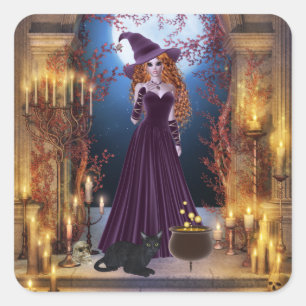 Halloween-Hexe durch Kerzenlicht Quadratischer Aufkleber