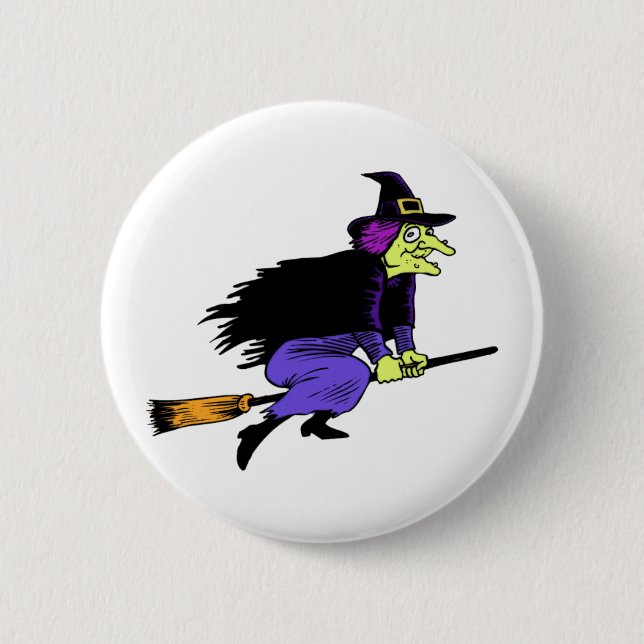 Halloween-Hexe-Fliegen auf einem Broomstick Button (Vorderseite)