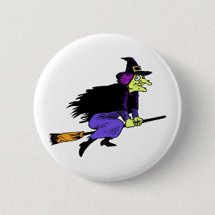 Halloween-Hexe-Fliegen auf einem Broomstick Button