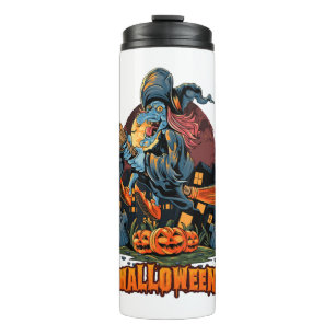 Halloween Hexe fliegt mit Besenstielhaufen Hallowe Thermosbecher