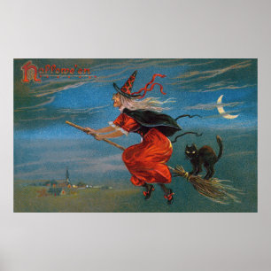 Halloween Hexe fliegt schwarze Katze in der Nacht Poster