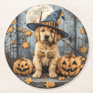 Halloween Hexe Golden Retriever Welpe Kürbisse Runder Pappuntersetzer