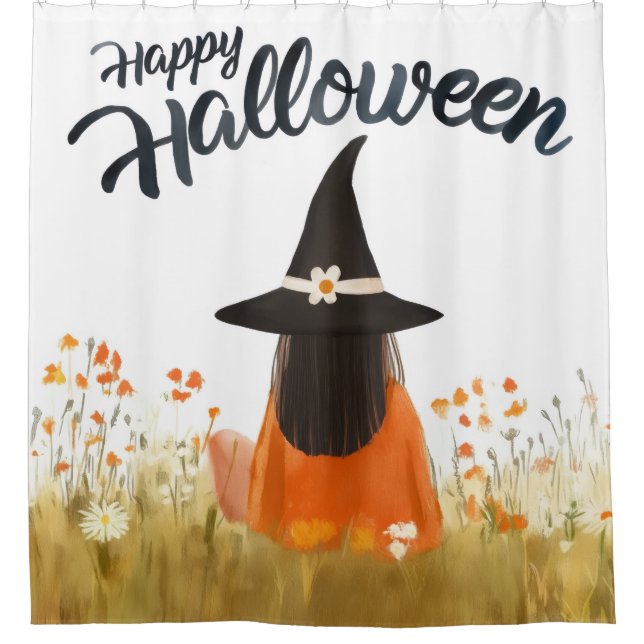 Halloween-Hexe im Blumenfeld Duschvorhang (Vorderseite)