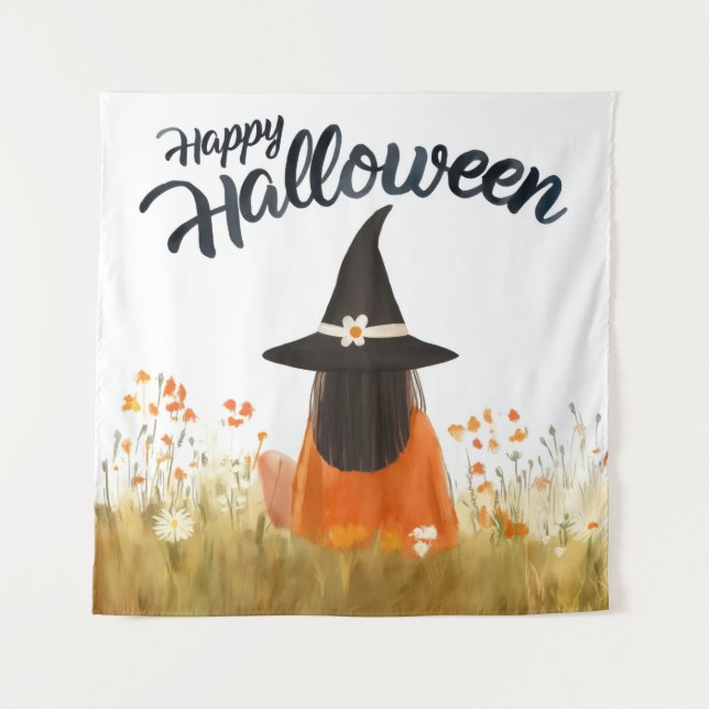 Halloween-Hexe im Blumenfeld Wandteppich (Vorderseite)