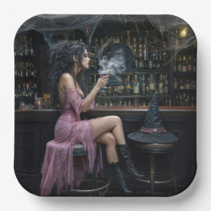 Halloween-Hexe in einem rosa Kleid Pappteller