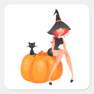 Halloween Hexe Kürbis & schwarze Katze Quadratischer Aufkleber