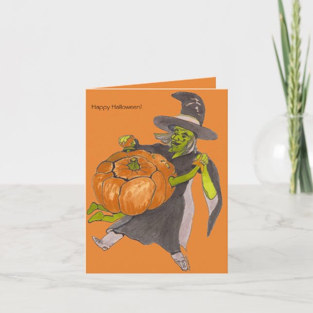 Halloween-Hexe-Kürbis-Tanz-Farbe entworfen Karte (Vorderseite)