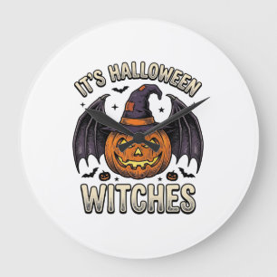 Halloween-Hexe-Kürbis-vintage-Fledermaus-Shirt_1 Große Wanduhr